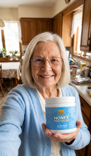 Margaret holding a bottle of Honey Protocol