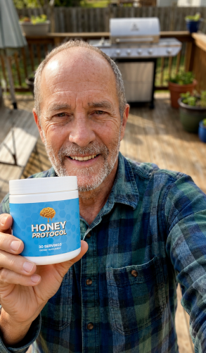 Frank holding a bottle of Honey Protocol