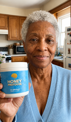Yvonne holding a bottle of Honey Protocol